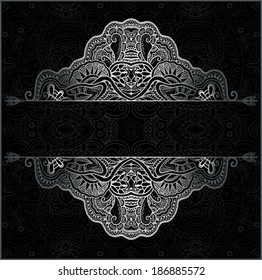 Abstract decoration, lace frame border pattern, ethnic ornament. Ornamental template design, isolated elements, silver on black, hand drawn artwork