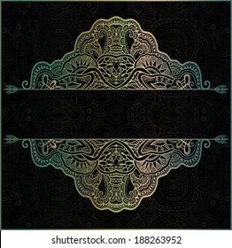 Abstract decoration, lace frame border pattern, ethnic ornament. Ornamental template design, isolated elements, green gold on black, hand drawn artwork