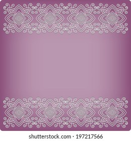 Abstract decoration, lace frame border pattern, invitation card design, white on purple background