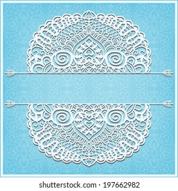 Abstract decoration, lace frame border pattern, ethnic ornament, invitation card design, white on blue background