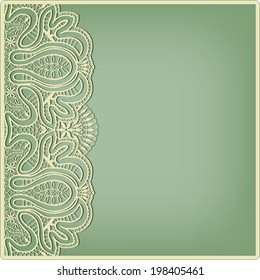 Abstract decoration, lace frame border pattern, invitation card design, floral and geometric ornament, yellow on green background
