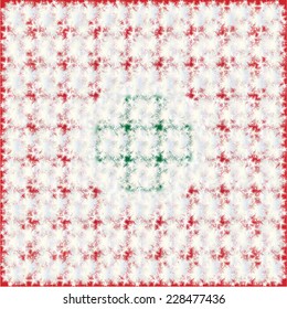 abstract decoration on red background with snowflakes and green cross in the center