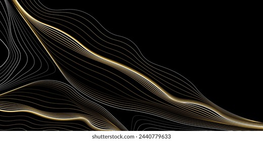 Decoración abstracta, patrón, gradientes de semitonos. Líneas doradas de lujo ondean sobre un fondo negro. 