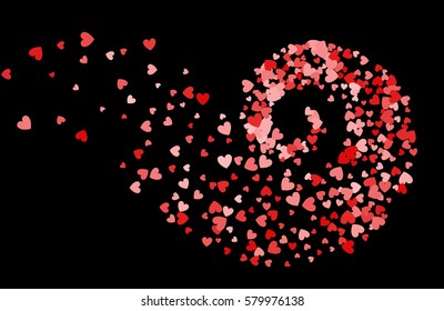 Abstract decoration of red hearts twisted in vortex. Design element for festive banner, greeting card, postcard, wedding invitation, Valentines day and save the date card. Vector illustration.