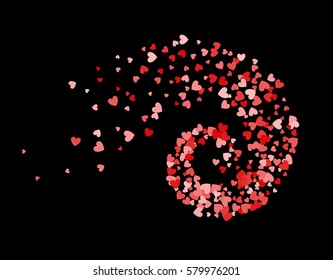 Abstract decoration of red hearts twisted in vortex. Design element for festive banner, greeting card, postcard, wedding invitation, Valentines day and save the date card. Vector illustration.