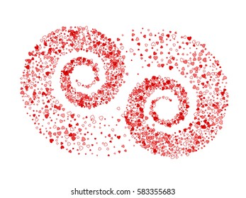 Abstract decoration of red hearts twisted in vortex. Design element for festive banner, greeting card, postcard, wedding invitation, Valentines day and save the date card. Vector illustration.