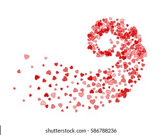 Abstract decoration of red hearts twisted in vortex. Design element for festive banner, greeting card, postcard, wedding invitation, Valentines day and save the date card. Vector illustration.