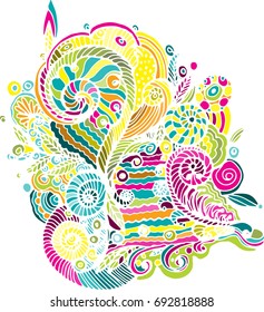 Abstract decoration, shell, leaves, flowers for invitation card with ornate detailed ornament. Useful for packaging, invitations, decoration, bag template, etc. Colorful illustration.
