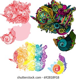 Abstract decoration, shell, leaves, flowers for invitation card with ornate detailed ornament. Useful for packaging, invitations, decoration, bag template, etc. Colorful sketch. 
