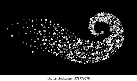 Abstract decoration of silver hearts twisted in vortex. Design element for festive banner, greeting card, postcard, wedding invitation, Valentines day and save the date card. Vector illustration.