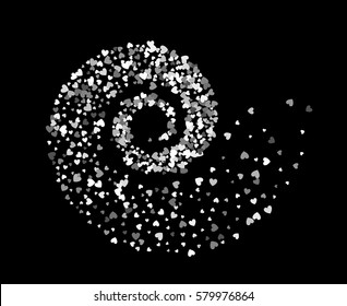 Abstract decoration of silver hearts twisted in vortex. Design element for festive banner, greeting card, postcard, wedding invitation, Valentines day and save the date card. Vector illustration.