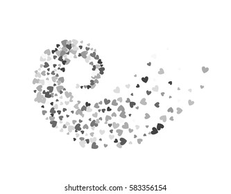 Abstract decoration of silver hearts twisted in vortex. Design element for festive banner, greeting card, postcard, wedding invitation, Valentines day and save the date card. Vector illustration.