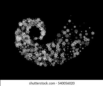Abstract decoration of silver snowflakes twisted in vortex. Glowing trail of sparkling particle. Spiral stream of glitter. Design for festive banner, greeting card, invitation. Vector illustration.