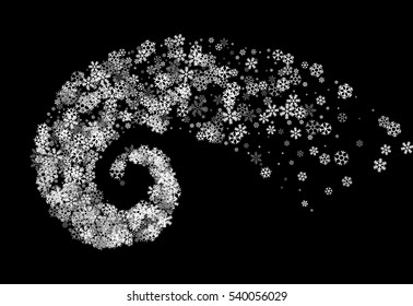 Abstract decoration of silver snowflakes twisted in vortex. Glowing trail of sparkling particle. Spiral stream of glitter. Design for festive banner, greeting card, invitation. Vector illustration.