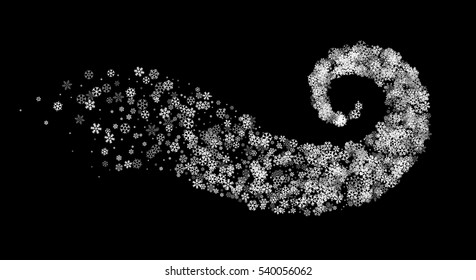 Abstract decoration of silver snowflakes twisted in vortex. Glowing trail of sparkling particle. Spiral stream of glitter. Design for festive banner, greeting card, invitation. Vector illustration.