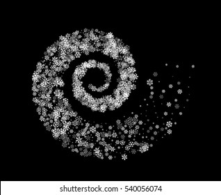 Abstract decoration of silver snowflakes twisted in vortex. Glowing trail of sparkling particle. Spiral stream of glitter. Design for festive banner, greeting card, invitation. Vector illustration.