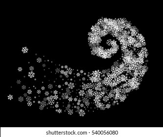 Abstract decoration of silver snowflakes twisted in vortex. Glowing trail of sparkling particle. Spiral stream of glitter. Design for festive banner, greeting card, invitation. Vector illustration.