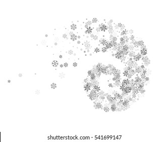 Abstract decoration of silver snowflakes twisted in vortex. Glowing trail of sparkling particle. Spiral stream of glitter. Design for festive banner, greeting card, invitation. Vector illustration.