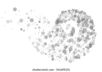 Abstract decoration of silver snowflakes twisted in vortex. Glowing trail of sparkling particle. Spiral stream of glitter. Design for festive banner, greeting card, invitation. Vector illustration.