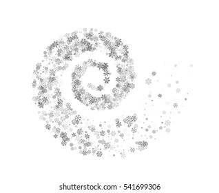 Abstract decoration of silver snowflakes twisted in vortex. Glowing trail of sparkling particle. Spiral stream of glitter. Design for festive banner, greeting card, invitation. Vector illustration.