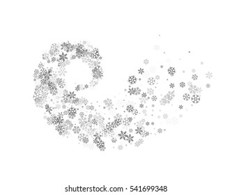 Abstract decoration of silver snowflakes twisted in vortex. Glowing trail of sparkling particle. Spiral stream of glitter. Design for festive banner, greeting card, invitation. Vector illustration.