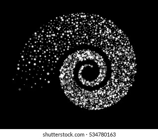 Abstract decoration of silver star twisted in swirl or vortex. Glowing trail of sparkling particle. Spiral stream of glitter. Design for festive banner, greeting card, invitation. Vector illustration