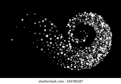 Abstract decoration of silver star twisted in swirl or vortex. Glowing trail of sparkling particle. Spiral stream of glitter. Design for festive banner, greeting card, invitation. Vector illustration