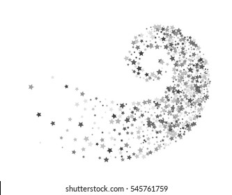 Abstract decoration of silver star twisted in swirl or vortex. Glowing trail of sparkling particle. Spiral stream of glitter. Design for festive banner, greeting card, invitation. Vector illustration.