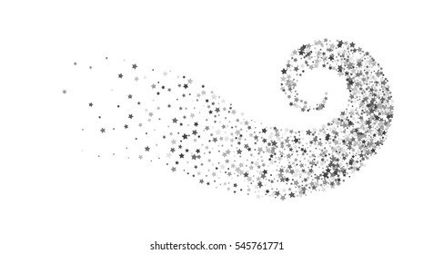 Abstract decoration of silver star twisted in swirl or vortex. Glowing trail of sparkling particle. Spiral stream of glitter. Design for festive banner, greeting card, invitation. Vector illustration.