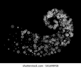 Abstract decoration of translucent snowflakes twisted in vortex. Transparent trail of white particle on black background. Design for festive banner, greeting card, invitation. Vector illustration.