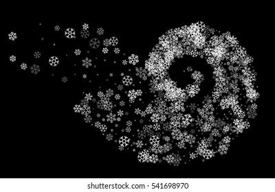 Abstract decoration of translucent snowflakes twisted in vortex. Transparent trail of white particle on black background. Design for festive banner, greeting card, invitation. Vector illustration.
