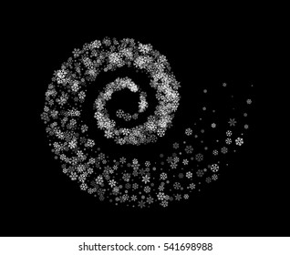 Abstract decoration of translucent snowflakes twisted in vortex. Transparent trail of white particle on black background. Design for festive banner, greeting card, invitation. Vector illustration.