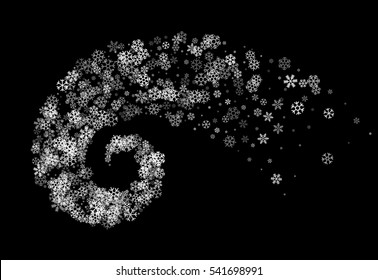Abstract decoration of translucent snowflakes twisted in vortex. Transparent trail of white particle on black background. Design for festive banner, greeting card, invitation. Vector illustration.