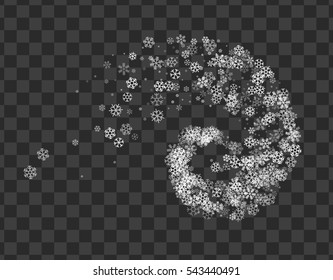 Abstract decoration of translucent snowflakes twisted in vortex. Transparent trail of white particle on pellucid backdrop. Design for festive banner, greeting card, invitation. Vector illustration.