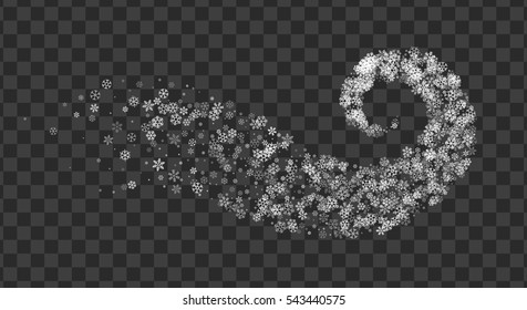 Abstract decoration of translucent snowflakes twisted in vortex. Transparent trail of white particle on pellucid backdrop. Design for festive banner, greeting card, invitation. Vector illustration.