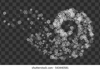 Abstract decoration of translucent snowflakes twisted in vortex. Transparent trail of white particle on pellucid backdrop. Design for festive banner, greeting card, invitation. Vector illustration.