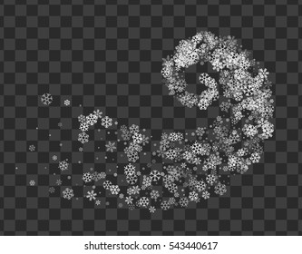 Abstract decoration of translucent snowflakes twisted in vortex. Transparent trail of white particle on pellucid backdrop. Design for festive banner, greeting card, invitation. Vector illustration.