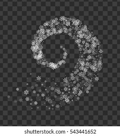 Abstract decoration of translucent snowflakes twisted in vortex. Transparent trail of white particle on pellucid backdrop. Design for festive banner, greeting card, invitation. Vector illustration.