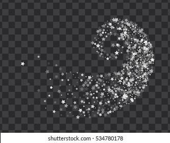 Abstract decoration of translucent star twisted in swirl or vortex. Transparent trail of white particle on pellucid backdrop. Design for festive banner, greeting card, invitation. Vector illustration
