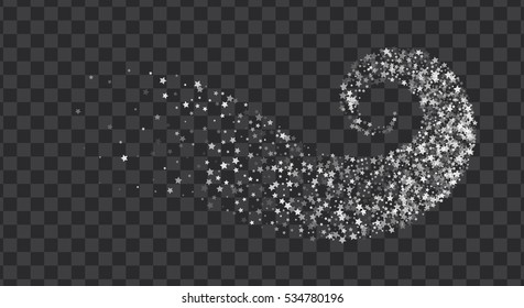 Abstract decoration of translucent star twisted in swirl or vortex. Transparent trail of white particle on pellucid backdrop. Design for festive banner, greeting card, invitation. Vector illustration