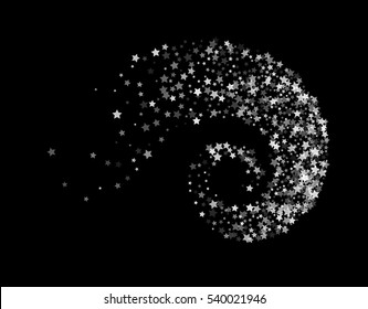 Abstract decoration of translucent star twisted in swirl or vortex. Transparent trail of white particle on black background. Design for festive banner, greeting card, invitation. Vector illustration.