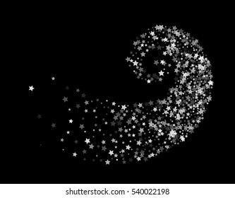 Abstract decoration of translucent star twisted in swirl or vortex. Transparent trail of white particle on black background. Design for festive banner, greeting card, invitation. Vector illustration.