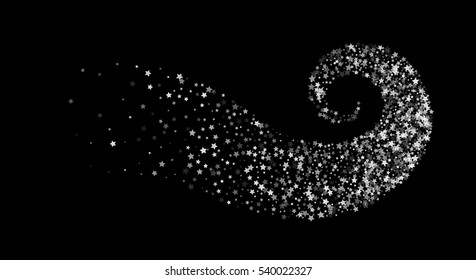 Abstract decoration of translucent star twisted in swirl or vortex. Transparent trail of white particle on black background. Design for festive banner, greeting card, invitation. Vector illustration.