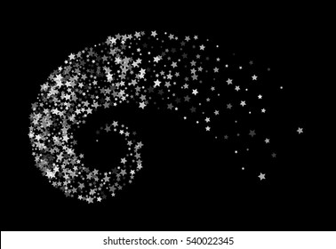 Abstract decoration of translucent star twisted in swirl or vortex. Transparent trail of white particle on black background. Design for festive banner, greeting card, invitation. Vector illustration.