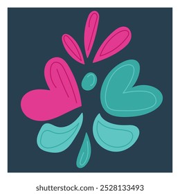 Abstract decorations in turquoise and pink color for day of the dead celebration. Hearts and splashes. Hand drawn vector flat illustration on dark blue background. Dia de los Muertos symbols.