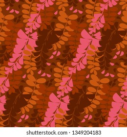 Abstract decorative acacia flower seamless pattern. Pink and brown colors wisteria floral repeatable motif. Natural shapes terracotta hues rapport for fabric, wrapping paper, textile, background.