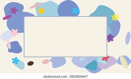 Abstract decorative background with colorful shapes and central blank rectangle providing copyspace area for text or content