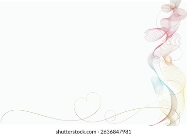 Abstract decorative background with colorful wavy lines on white. Elegant swirl design with heart shape, ideal for invitations, greeting cards, weddings, or minimalist modern artwork.