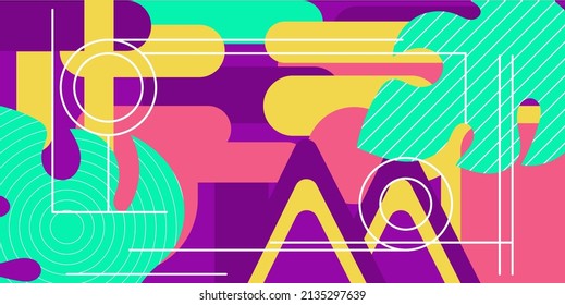 Resumen de diseño de fondo decorativo. Diferentes formas geométricas coloridas con elementos de plantas tropicales, creando una única composición brillante. Los colores primaverales son perfectos para los productos publicitarios, m