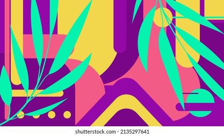 Resumen de diseño de fondo decorativo. Diferentes formas geométricas coloridas con elementos de plantas tropicales, creando una única composición brillante. Los colores primaverales son perfectos para los productos publicitarios, m